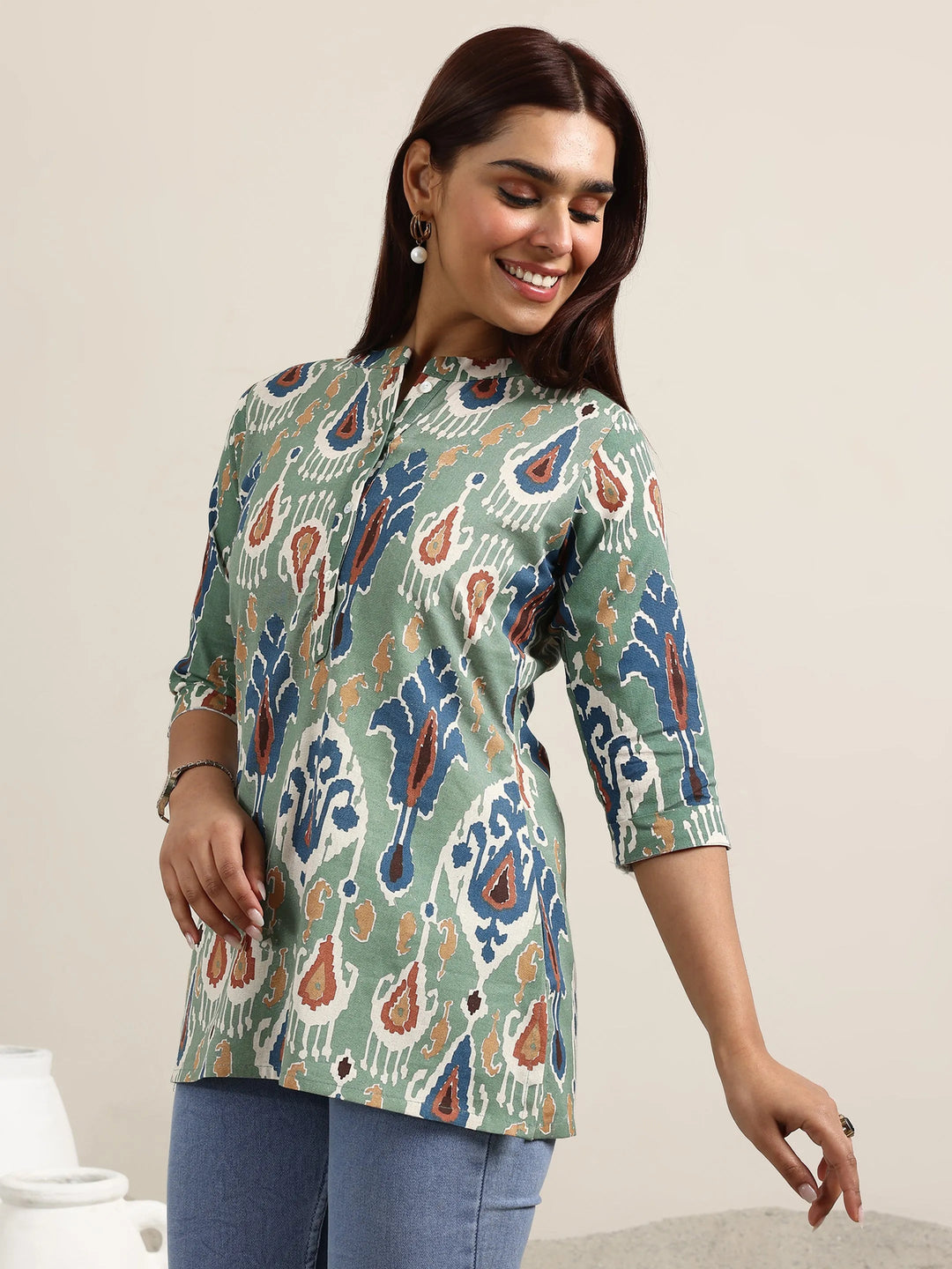 Green Printed Cotton Straight Kurti