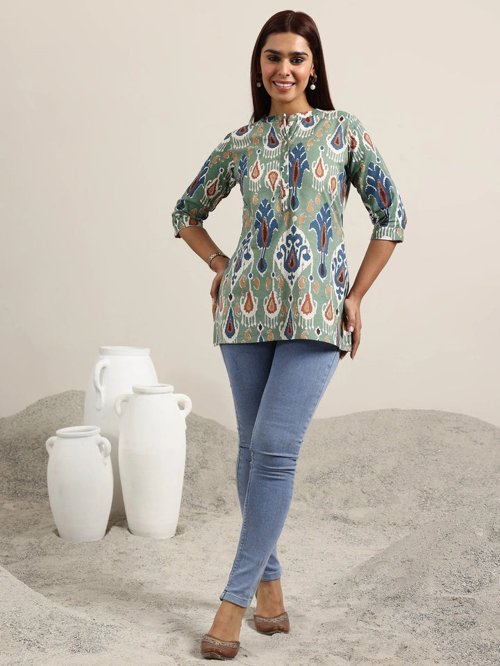 Green Printed Cotton Straight Kurti