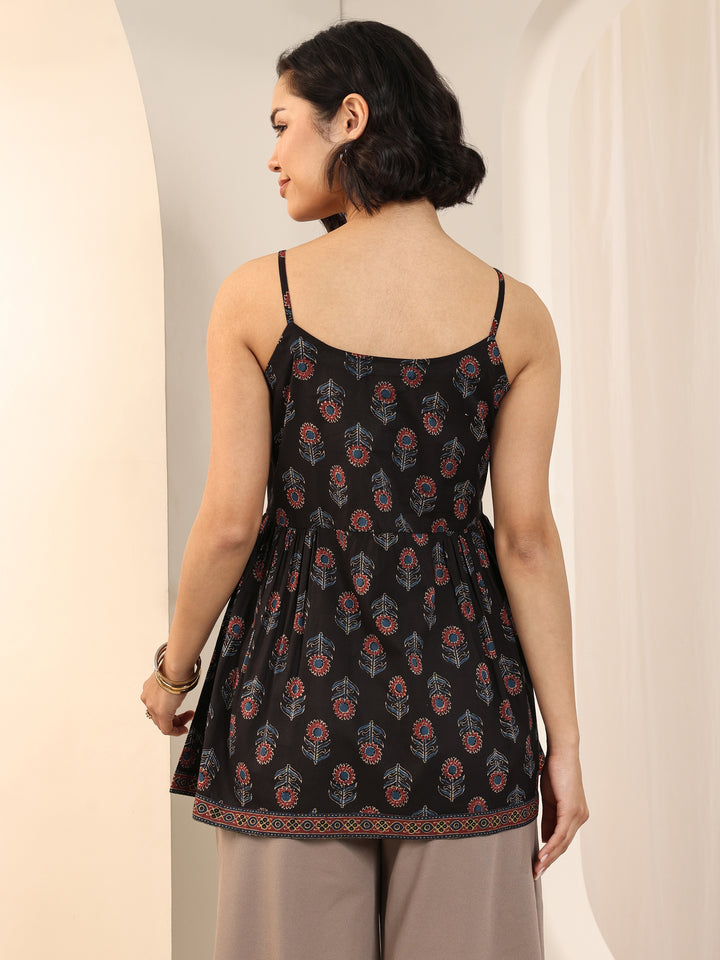 Black Printed Cotton Anarkali Short Kurti