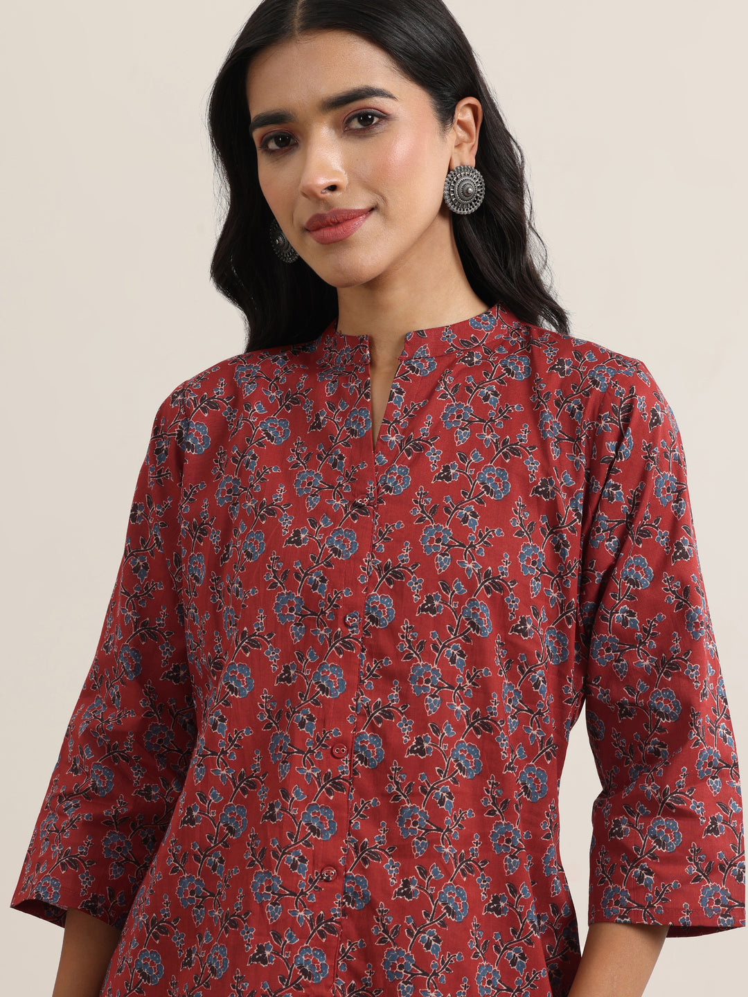 Maroon Printed Cotton Straight Short Kurti
