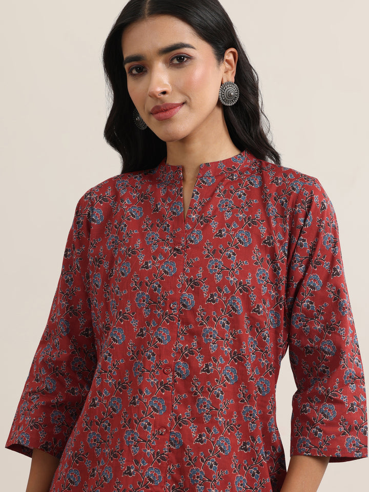 Maroon Printed Cotton Straight Short Kurti