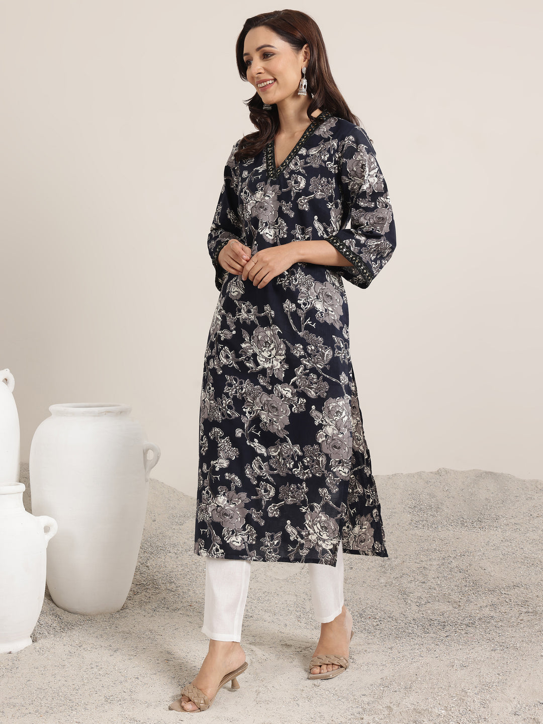 Black Printed Cotton Straight Kurta