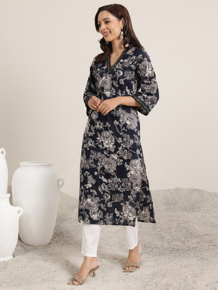 Black Printed Cotton Straight Kurta