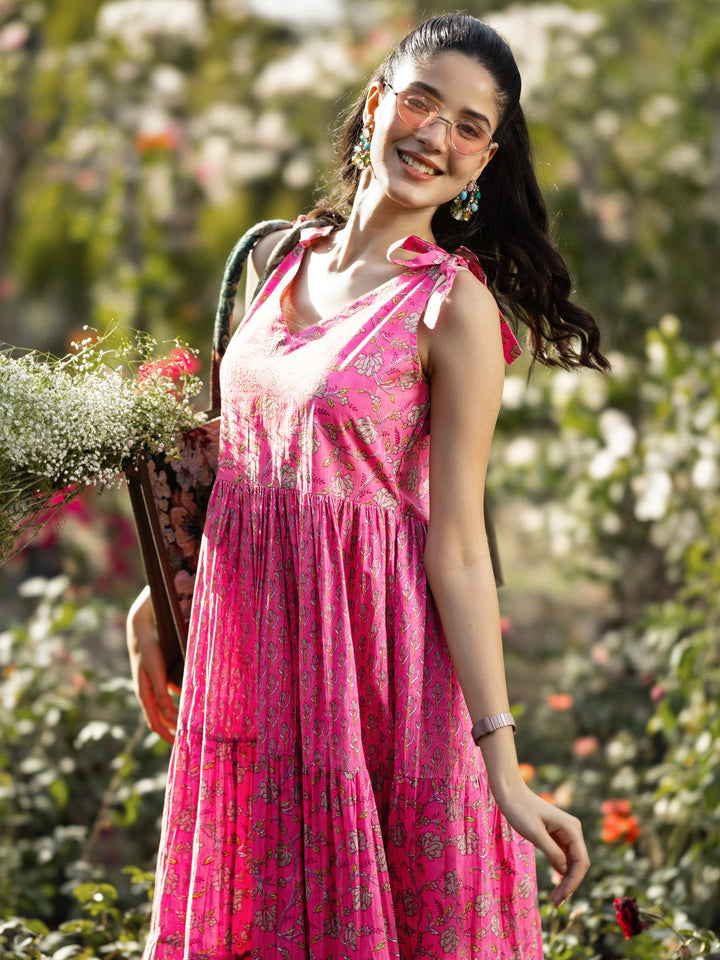 Pink Printed Cotton Fit and Flare Dress