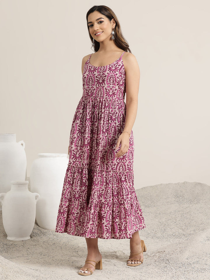 Mauve Printed Cotton Fit and Flare One Piece Dress