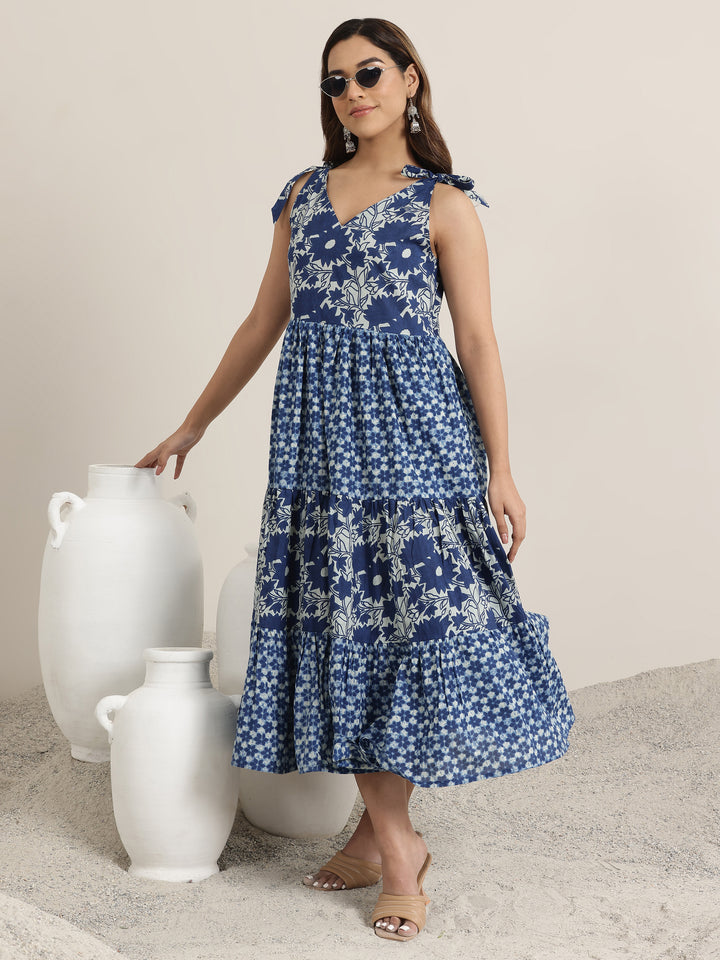 Buy Indigo Printed Cotton Fit and Flare One Piece Dress Online at $22