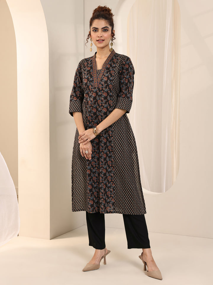 Black Printed Cotton Straight Kurta