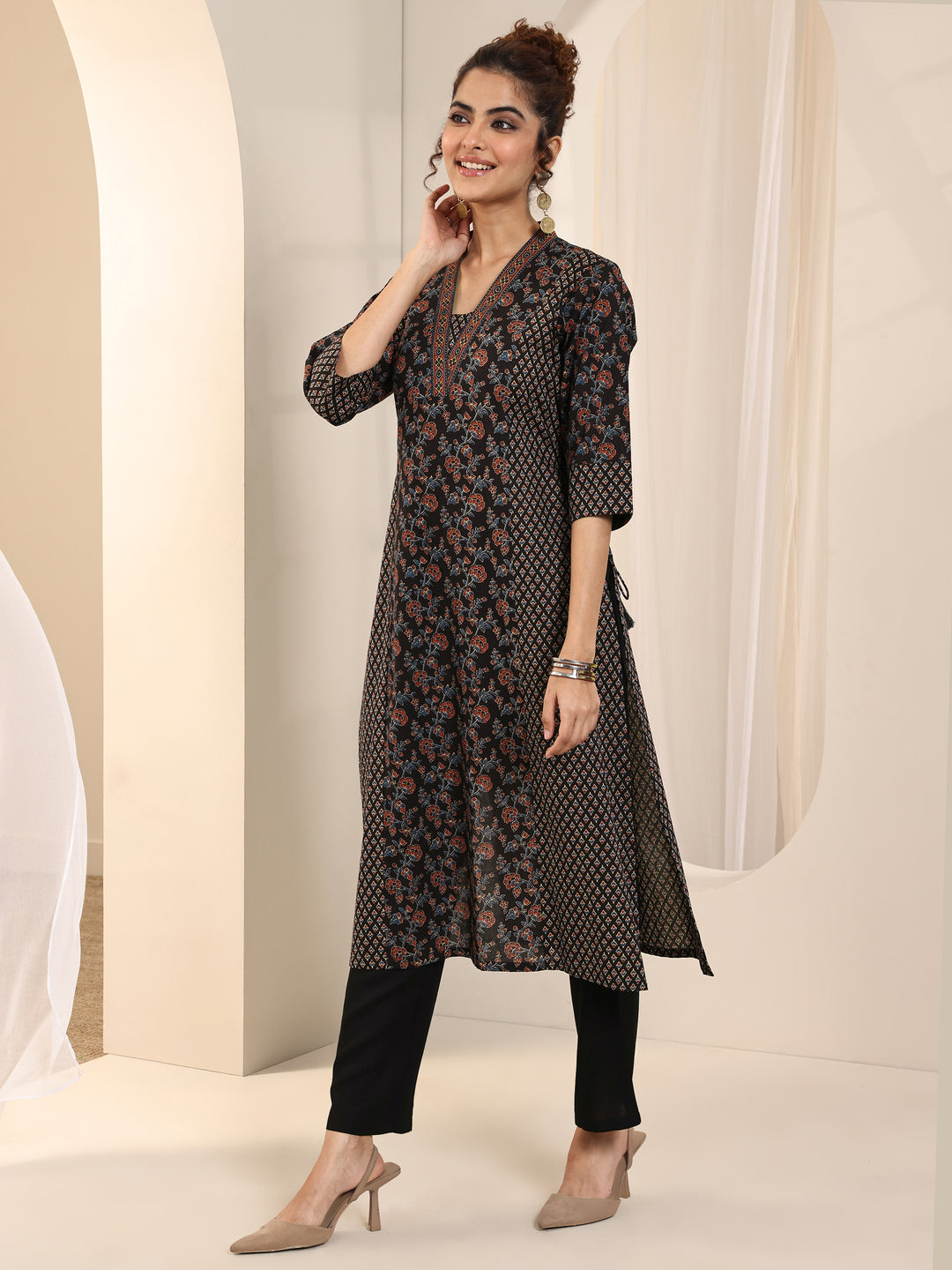 Black Printed Cotton Straight Kurta