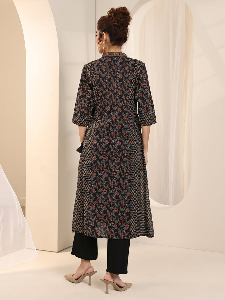 Black Printed Cotton Straight Kurta