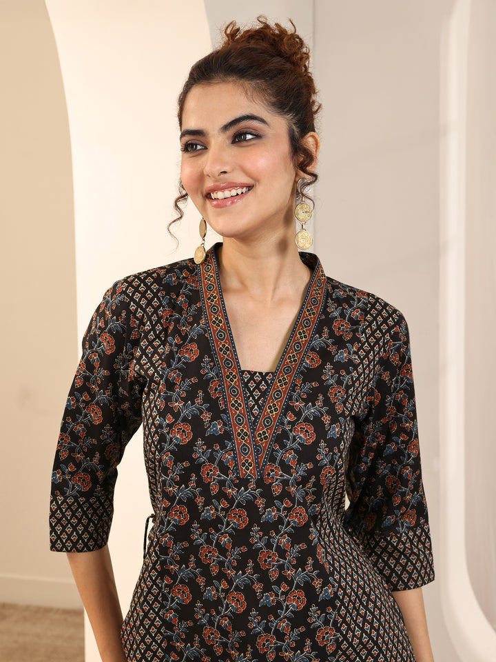 Black Printed Cotton Straight Kurta