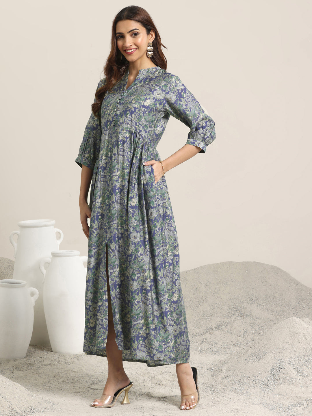 Blue Printed Silk Blend A-Line One Piece Dress
