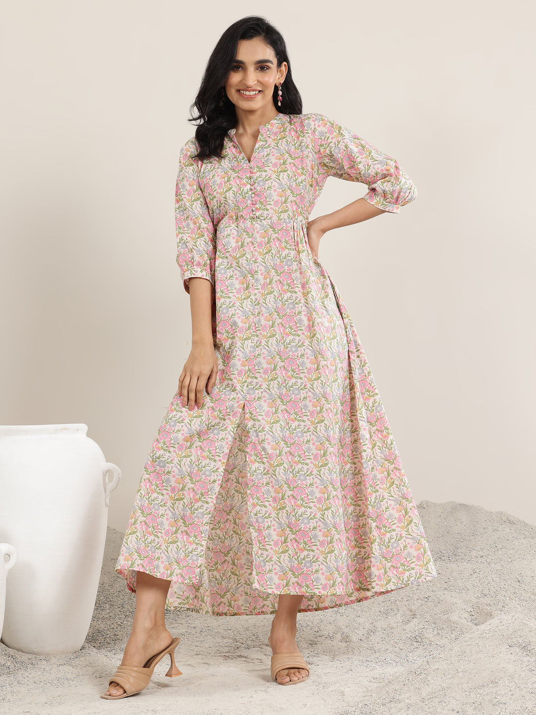 Pink Printed Silk Blend A-Line One Piece Dress