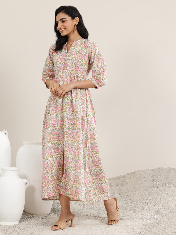 Pink Printed Silk Blend A-Line One Piece Dress