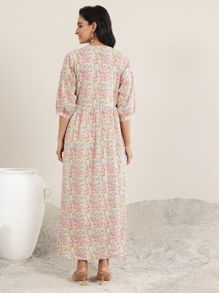 Pink Printed Silk Blend A-Line One Piece Dress