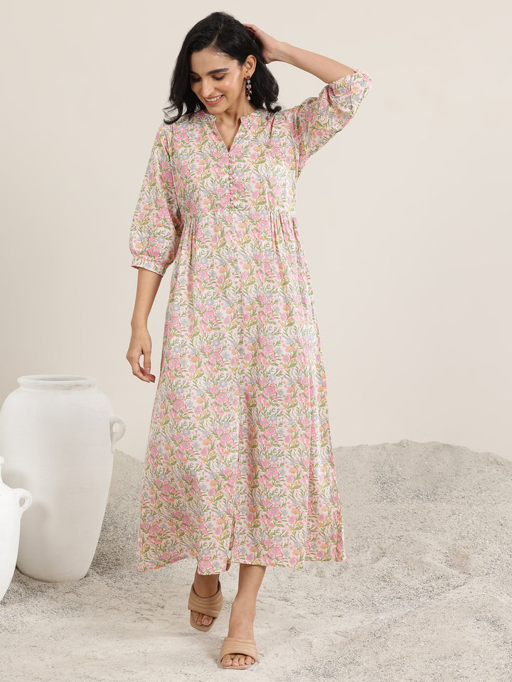 Pink Printed Silk Blend A-Line One Piece Dress