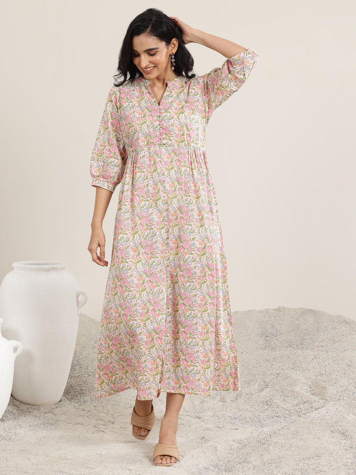 Pink Printed Silk Blend A-Line One Piece Dress