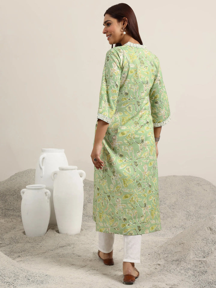 Green Printed Cotton Blend Straight Kurta