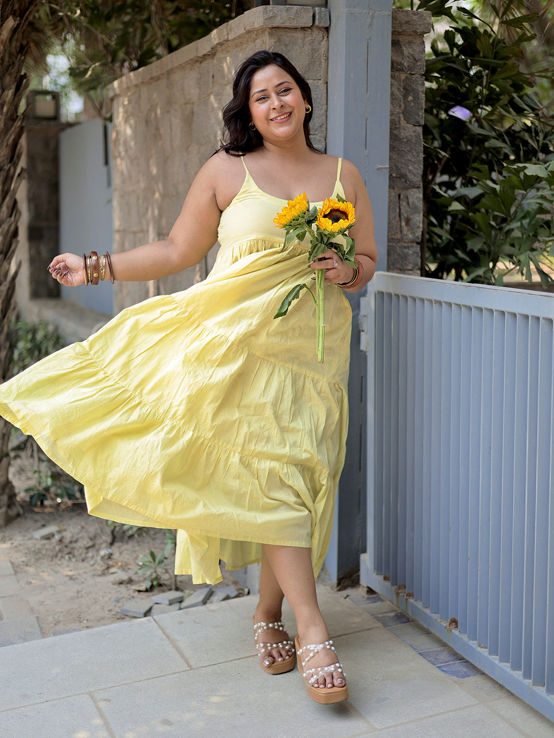 Yellow Solid Cotton Fit and Flare One Piece Dress