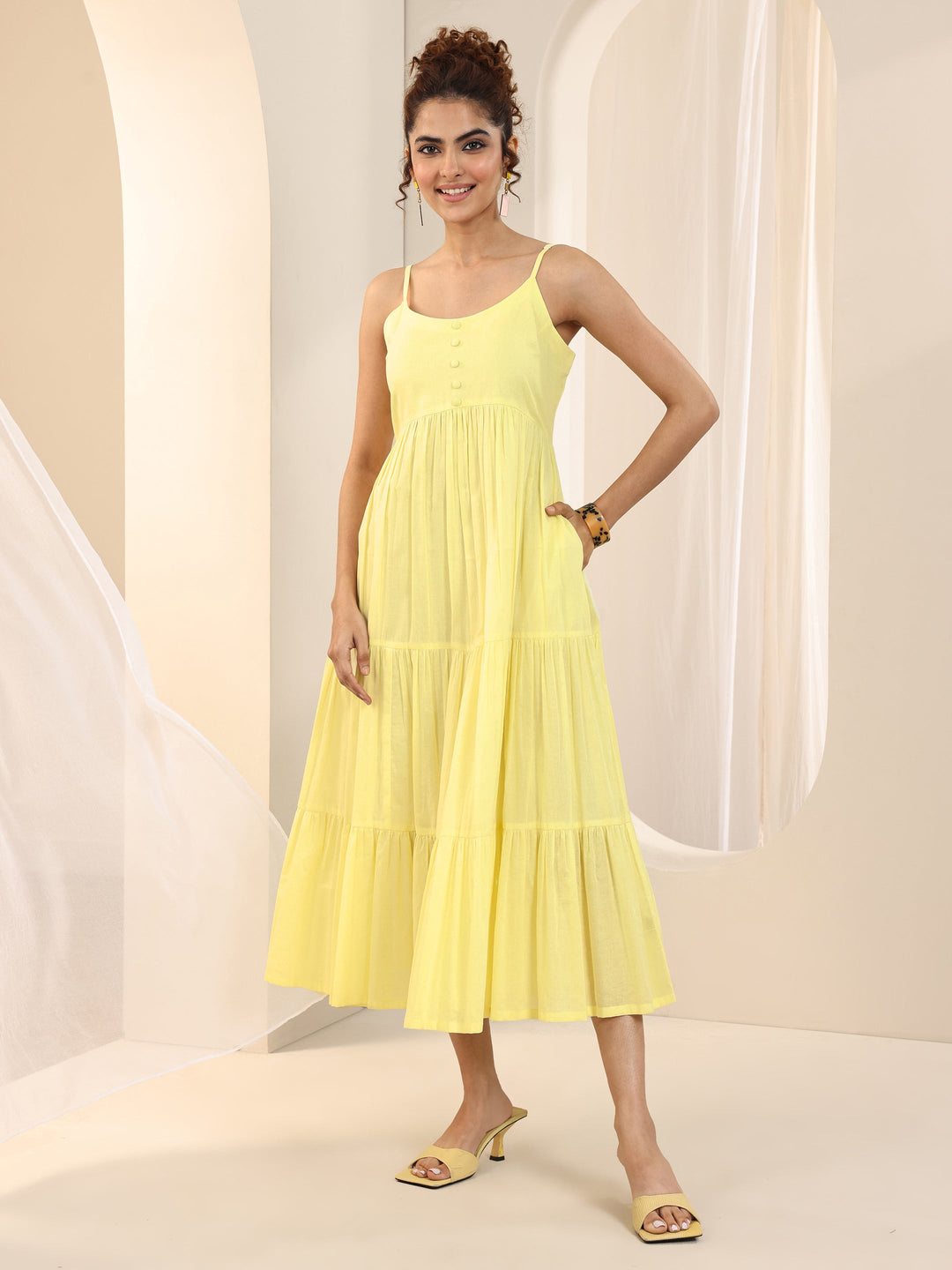 Yellow Solid Cotton Fit and Flare One Piece Dress