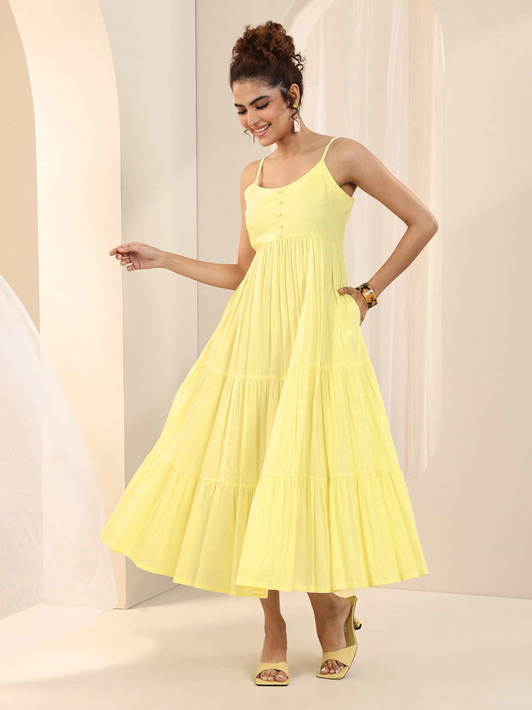 Yellow Solid Cotton Fit and Flare One Piece Dress