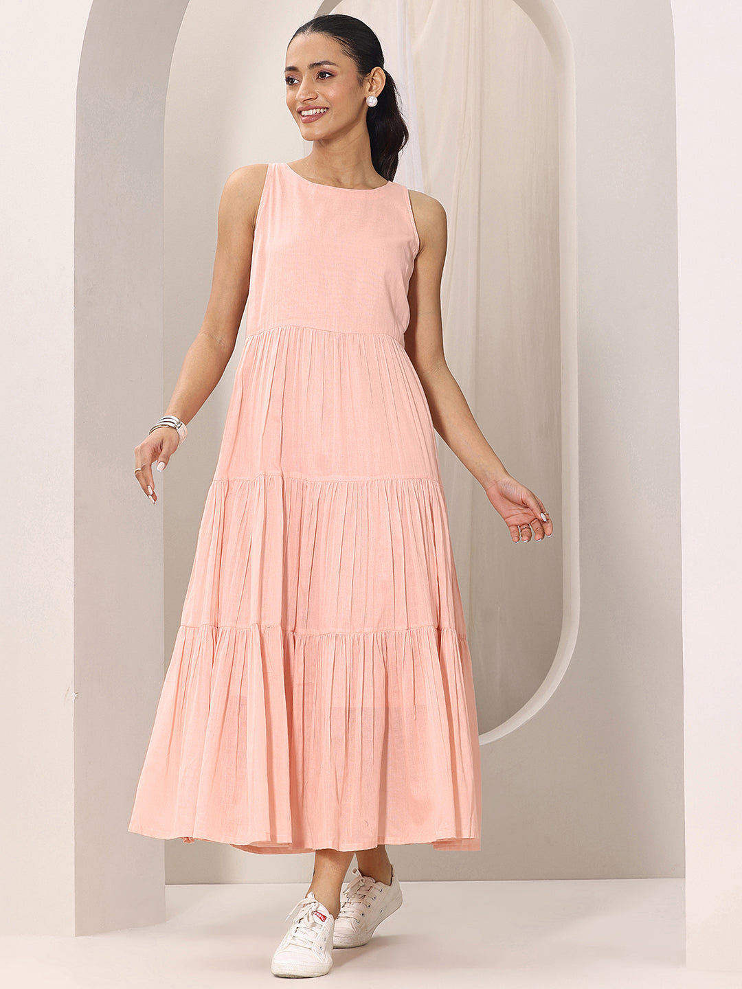 Peach Solid Cotton Fit and Flare One Piece Dress