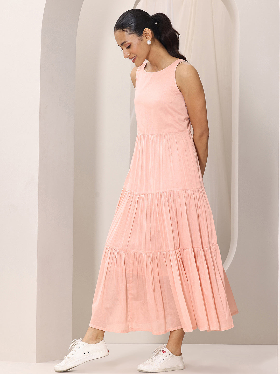 Peach Solid Cotton Fit and Flare One Piece Dress