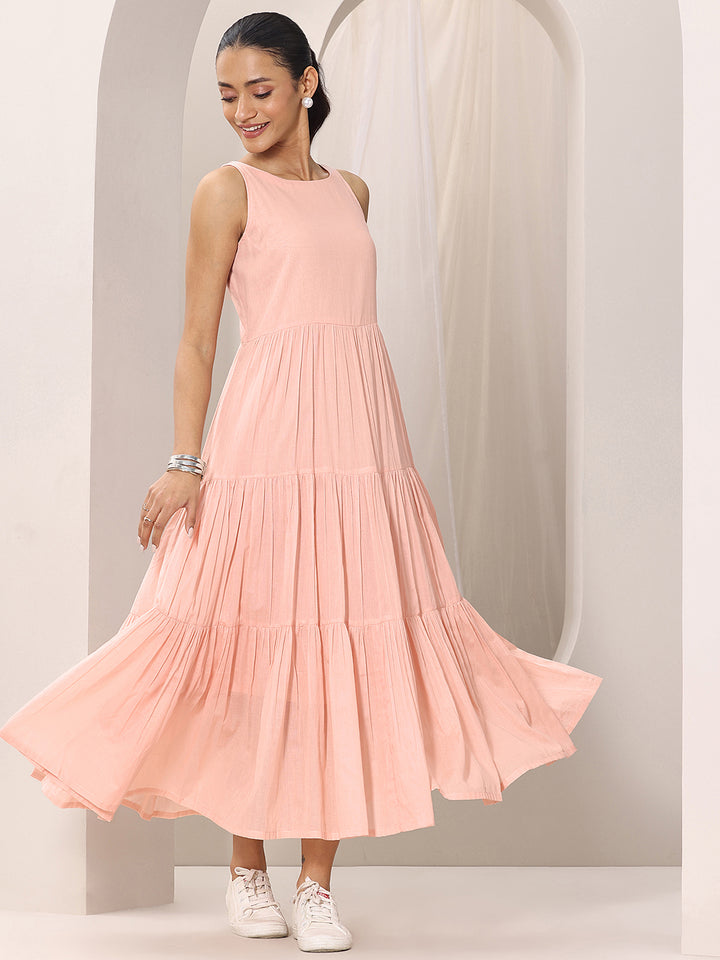 Peach Solid Cotton Fit and Flare One Piece Dress