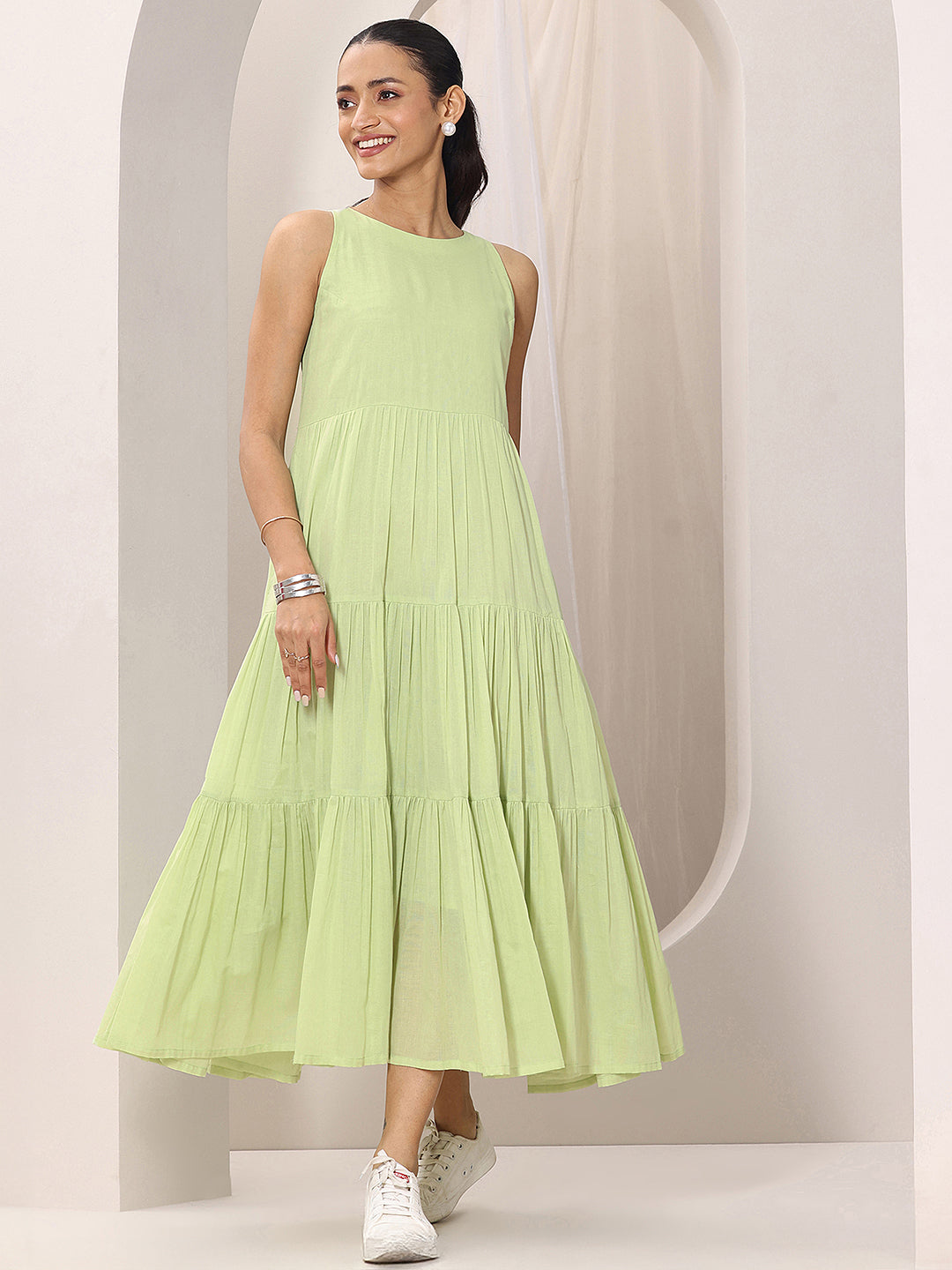 Green Solid Cotton Fit and Flare One Piece Dress