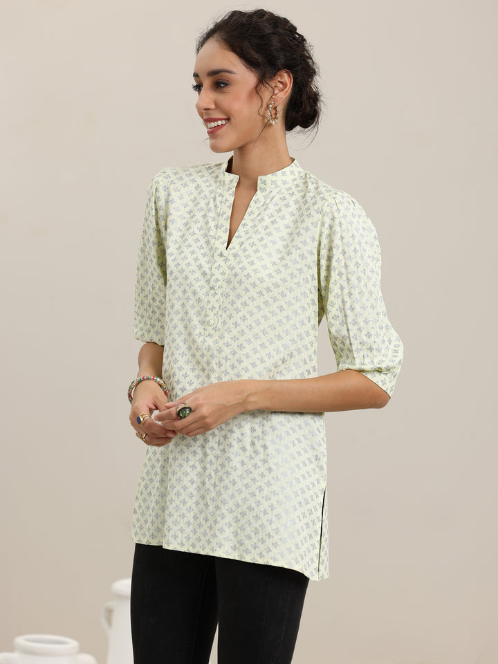 Yellow Printed Cotton Blend Straight Short Kurti