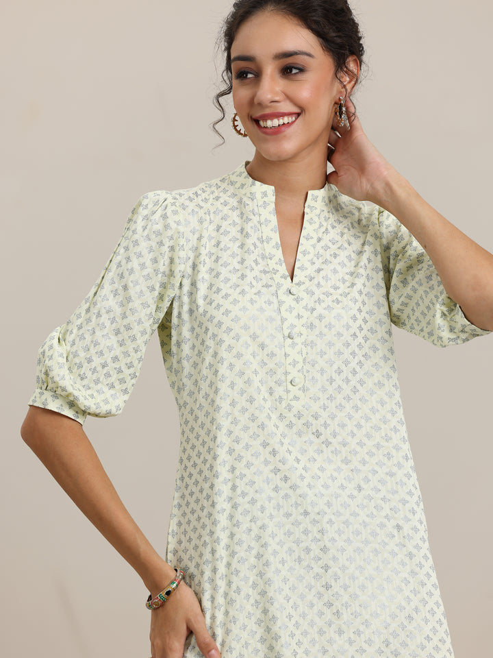 Yellow Printed Cotton Blend Straight Short Kurti