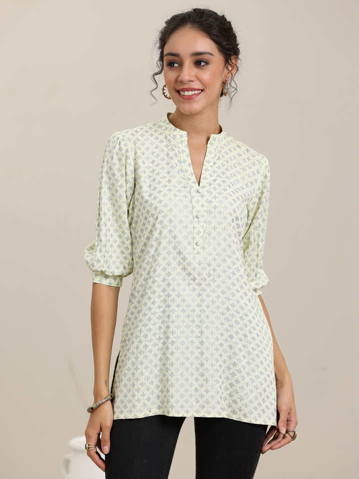 Yellow Printed Cotton Blend Straight Short Kurti