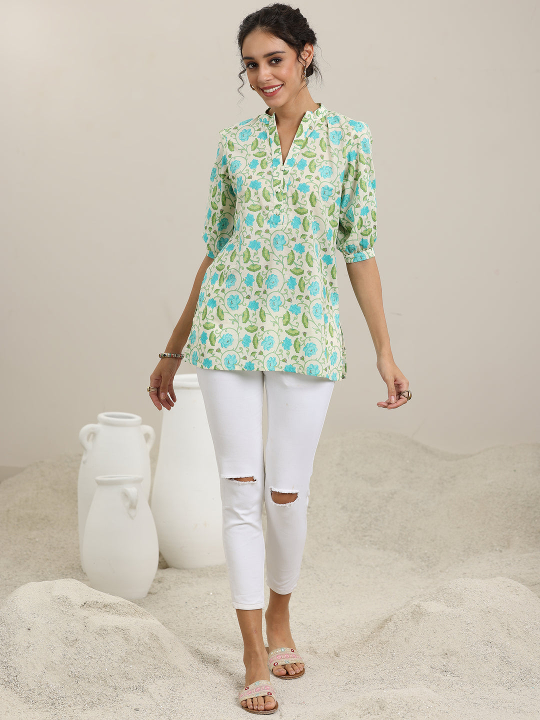Off White Printed Cotton Straight Kurti