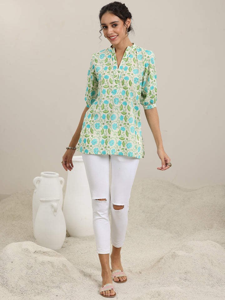 Off White Printed Cotton Straight Kurti