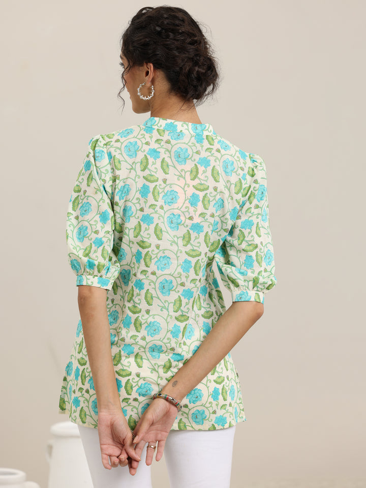 Off White Printed Cotton Straight Kurti