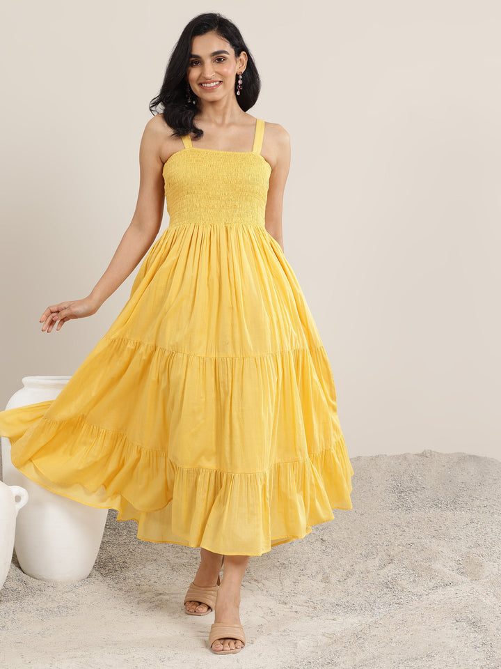 Mustard Solid Cotton Fit and Flare One Piece Dress