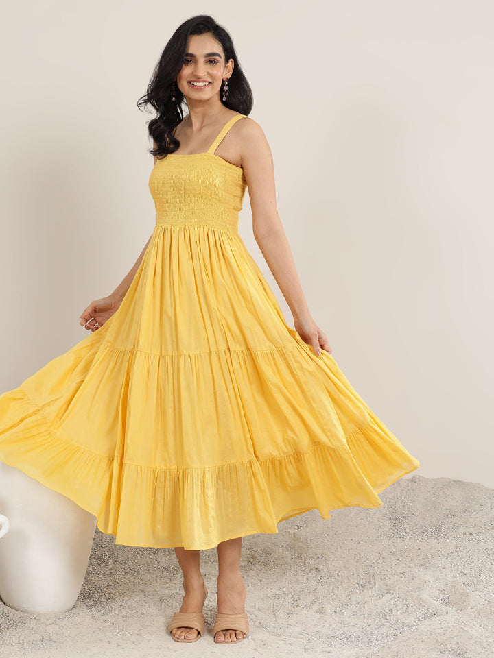 Mustard Solid Cotton Fit and Flare One Piece Dress