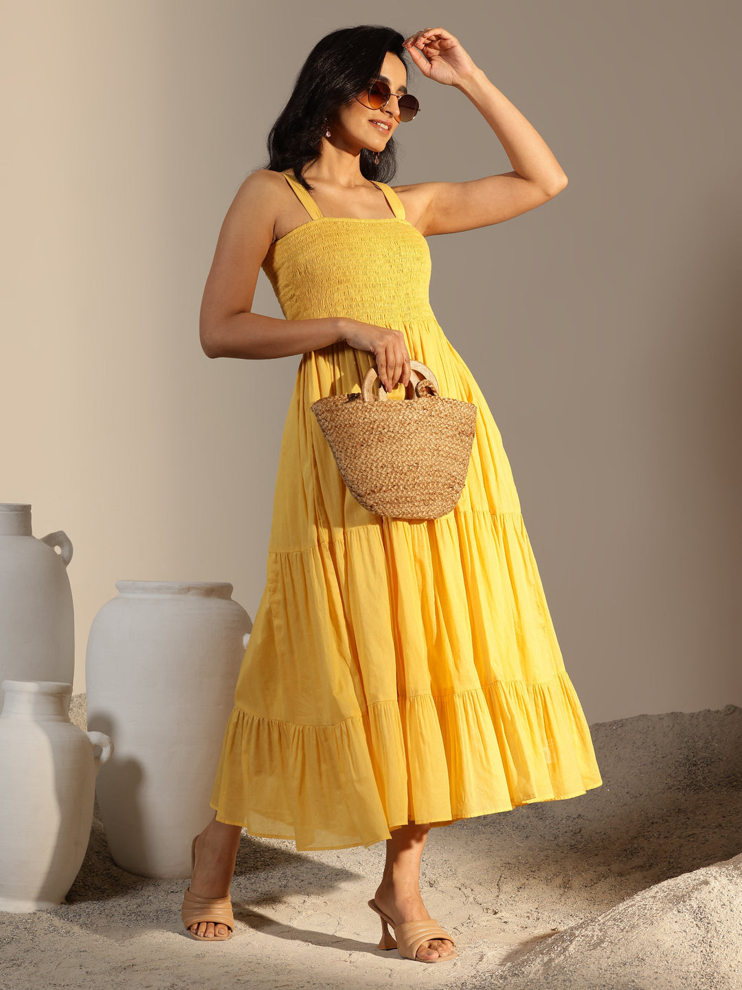 Mustard Solid Cotton Fit and Flare One Piece Dress