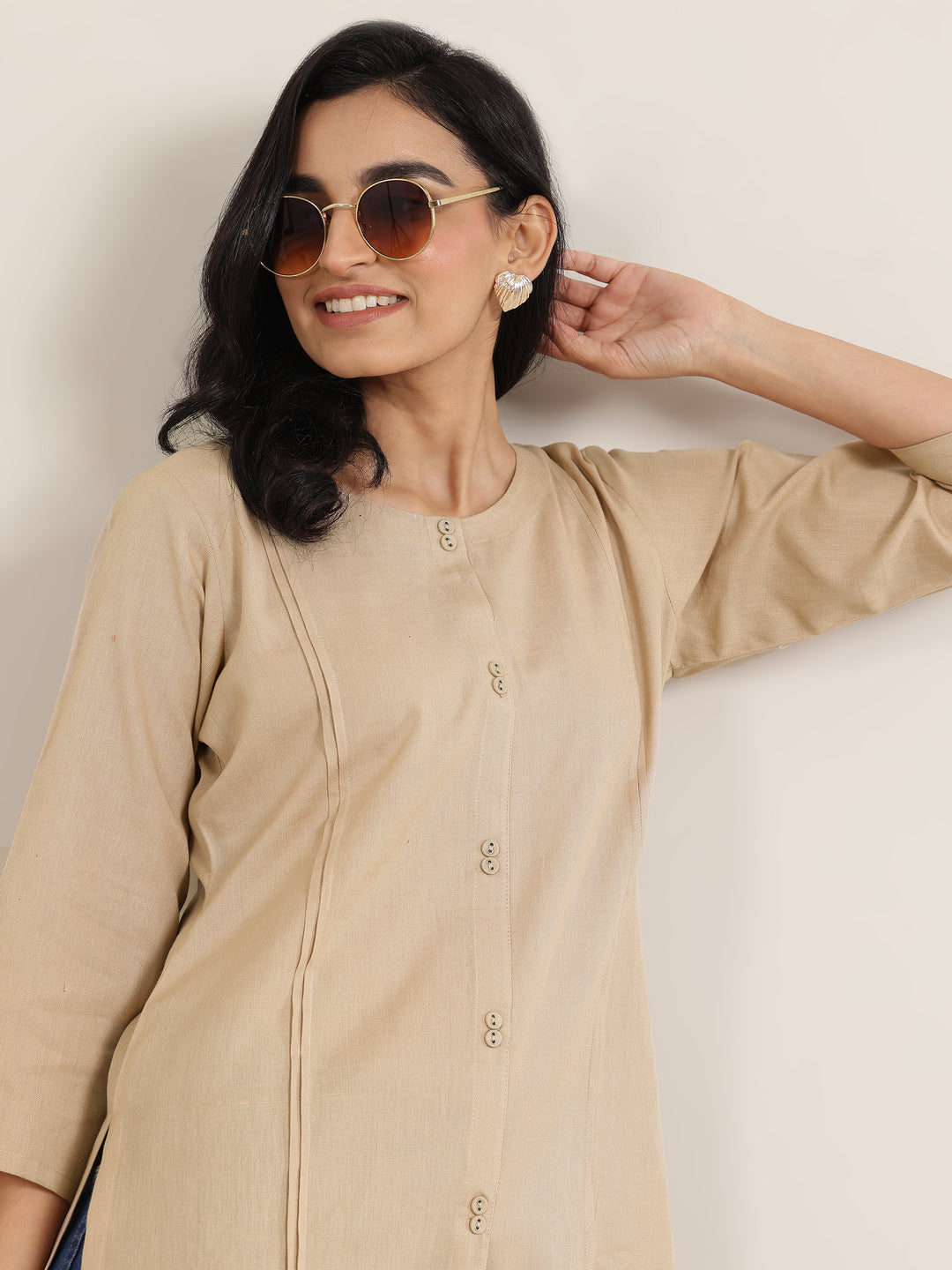 Beige Solid Cotton Blend Straight Short Kurti