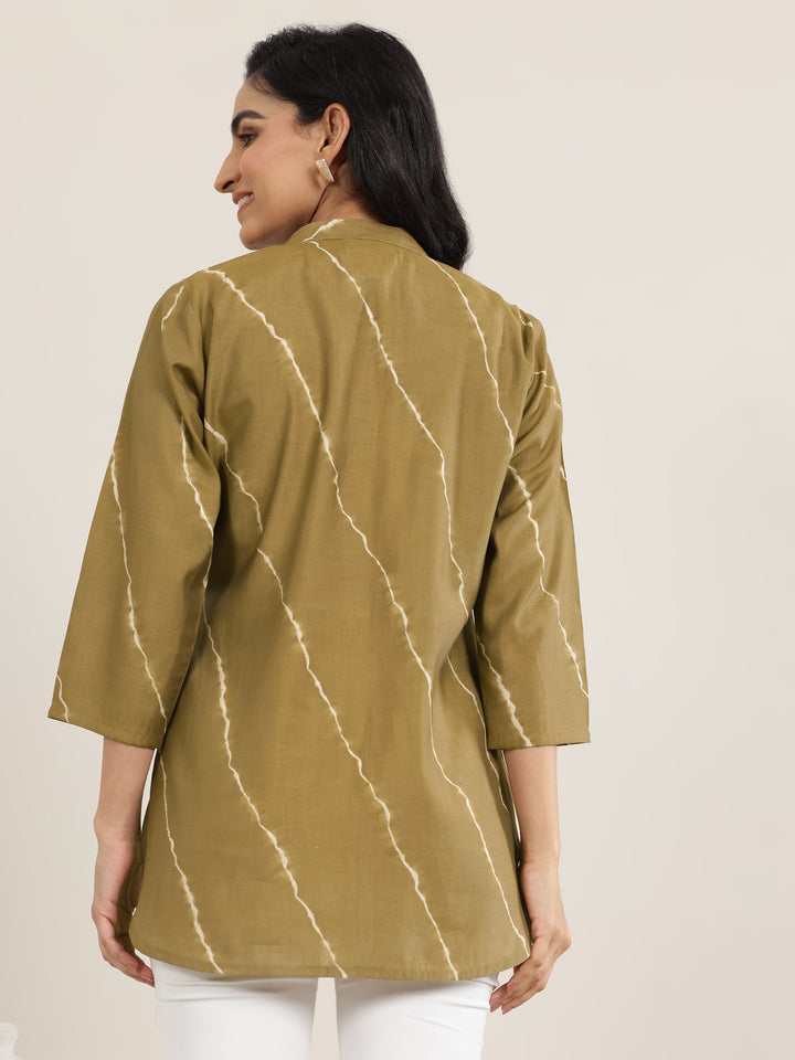 Olive Printed Silk Blend Straight Short Kurti