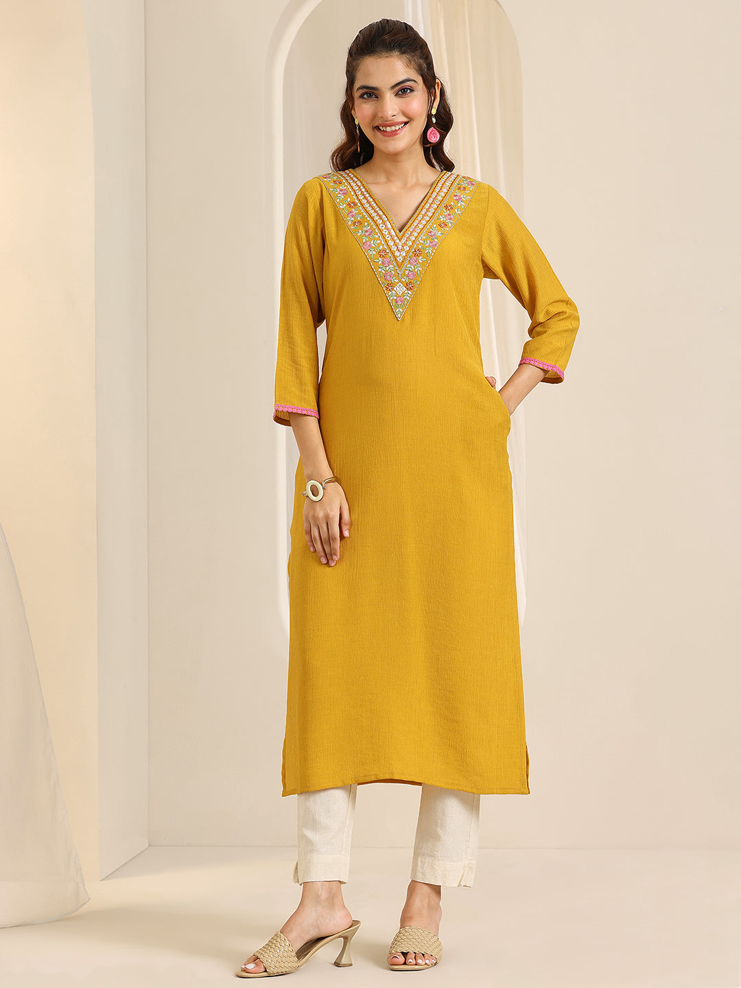Mustard Yoke Design Silk Blend Straight Kurta