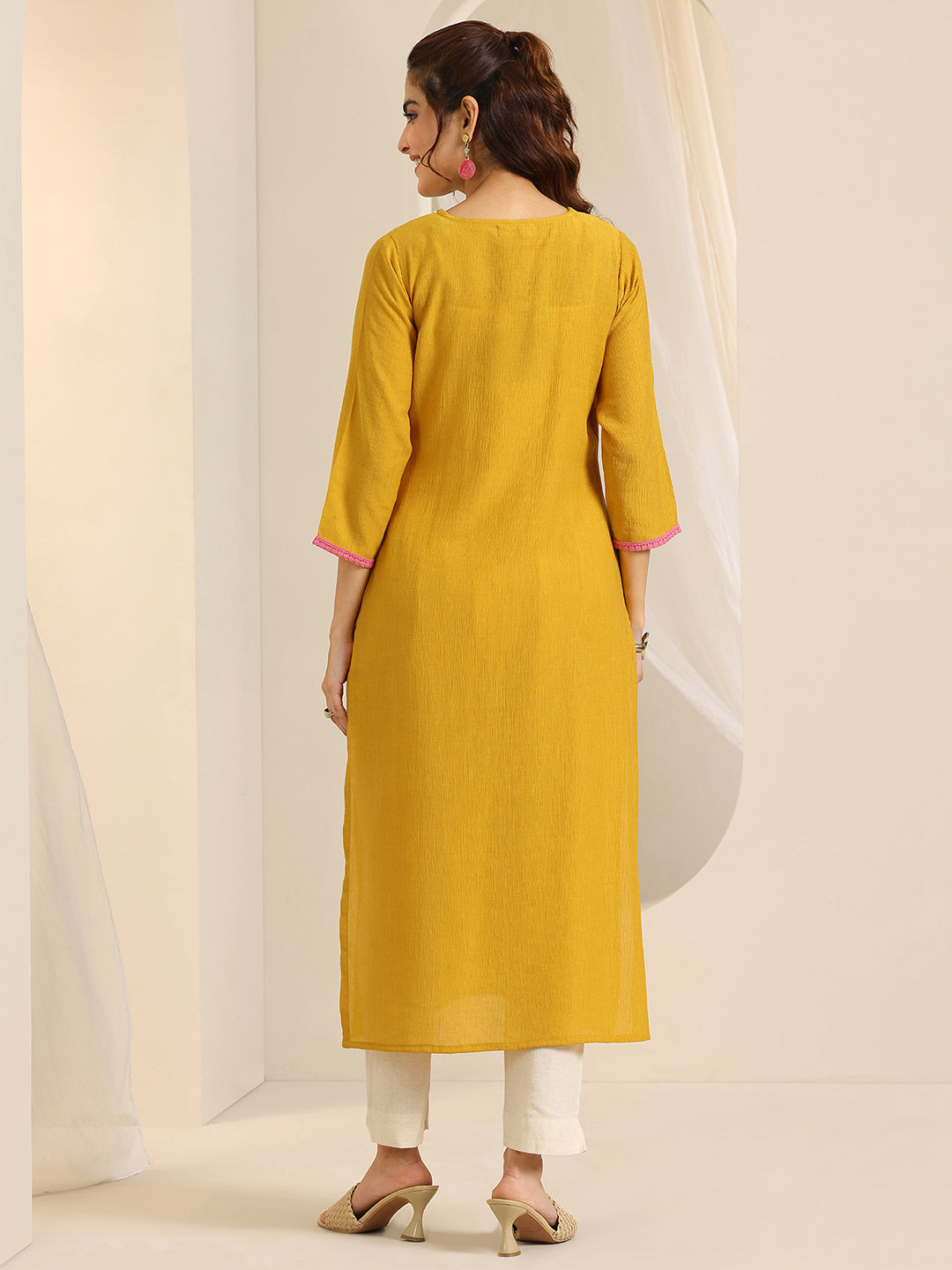 Mustard Yoke Design Silk Blend Straight Kurta