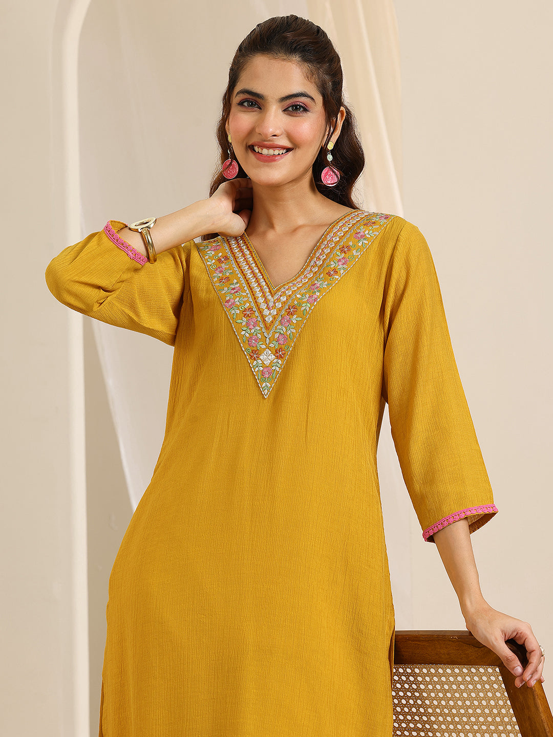 Mustard Yoke Design Silk Blend Straight Kurta
