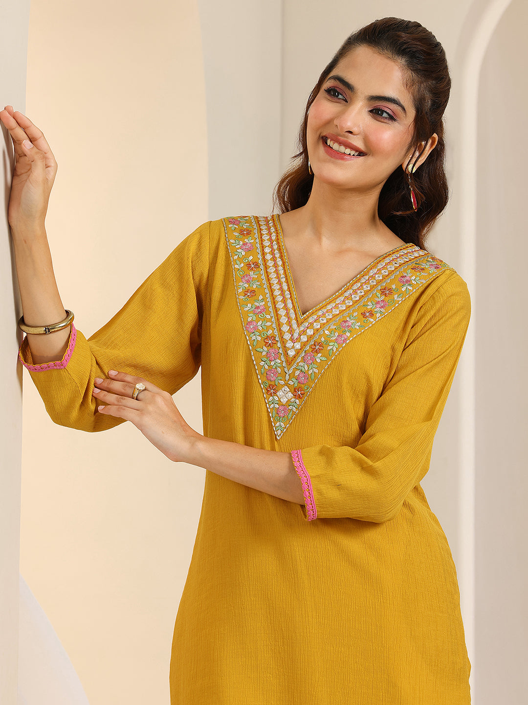 Mustard Yoke Design Silk Blend Straight Kurta