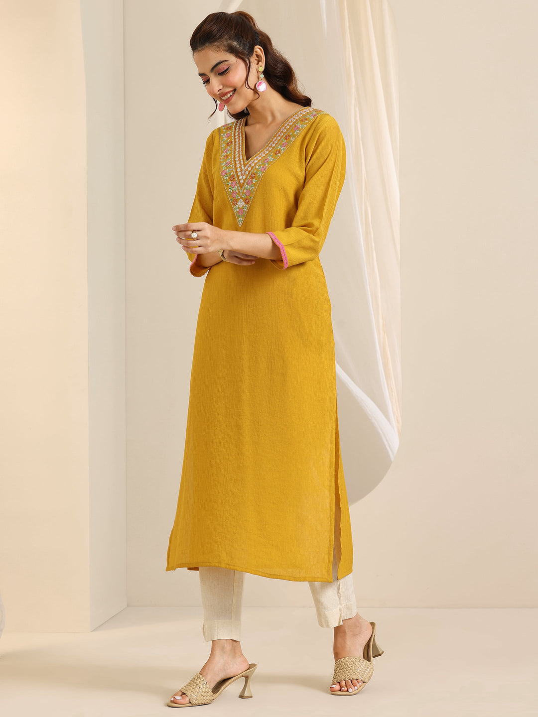 Mustard Yoke Design Silk Blend Straight Kurta