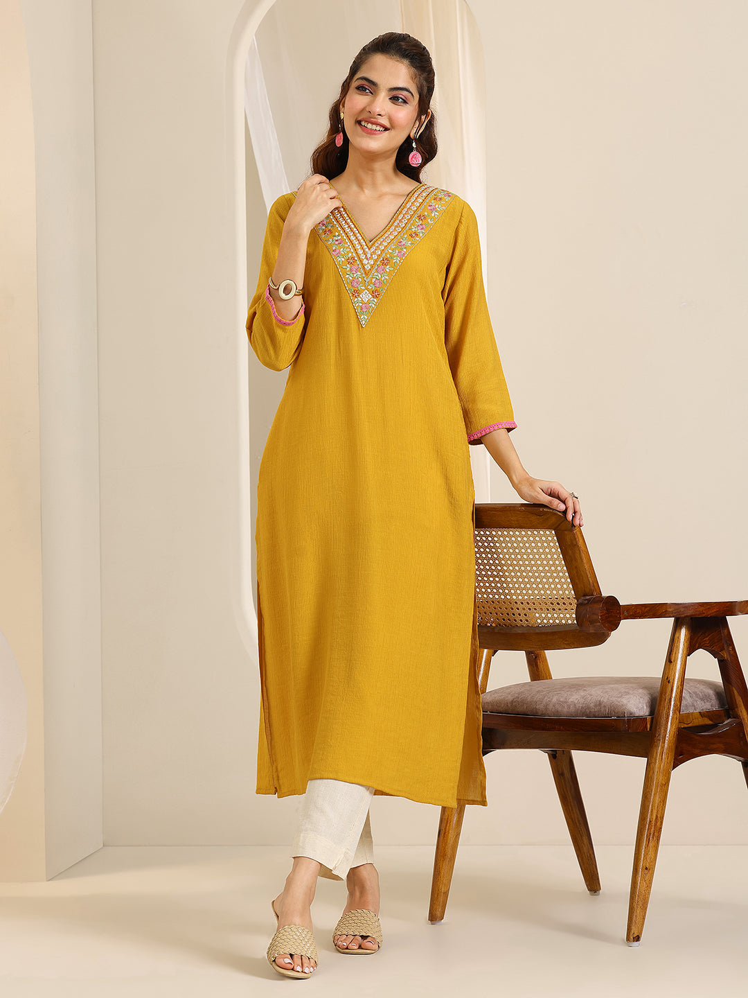 Mustard Yoke Design Silk Blend Straight Kurta