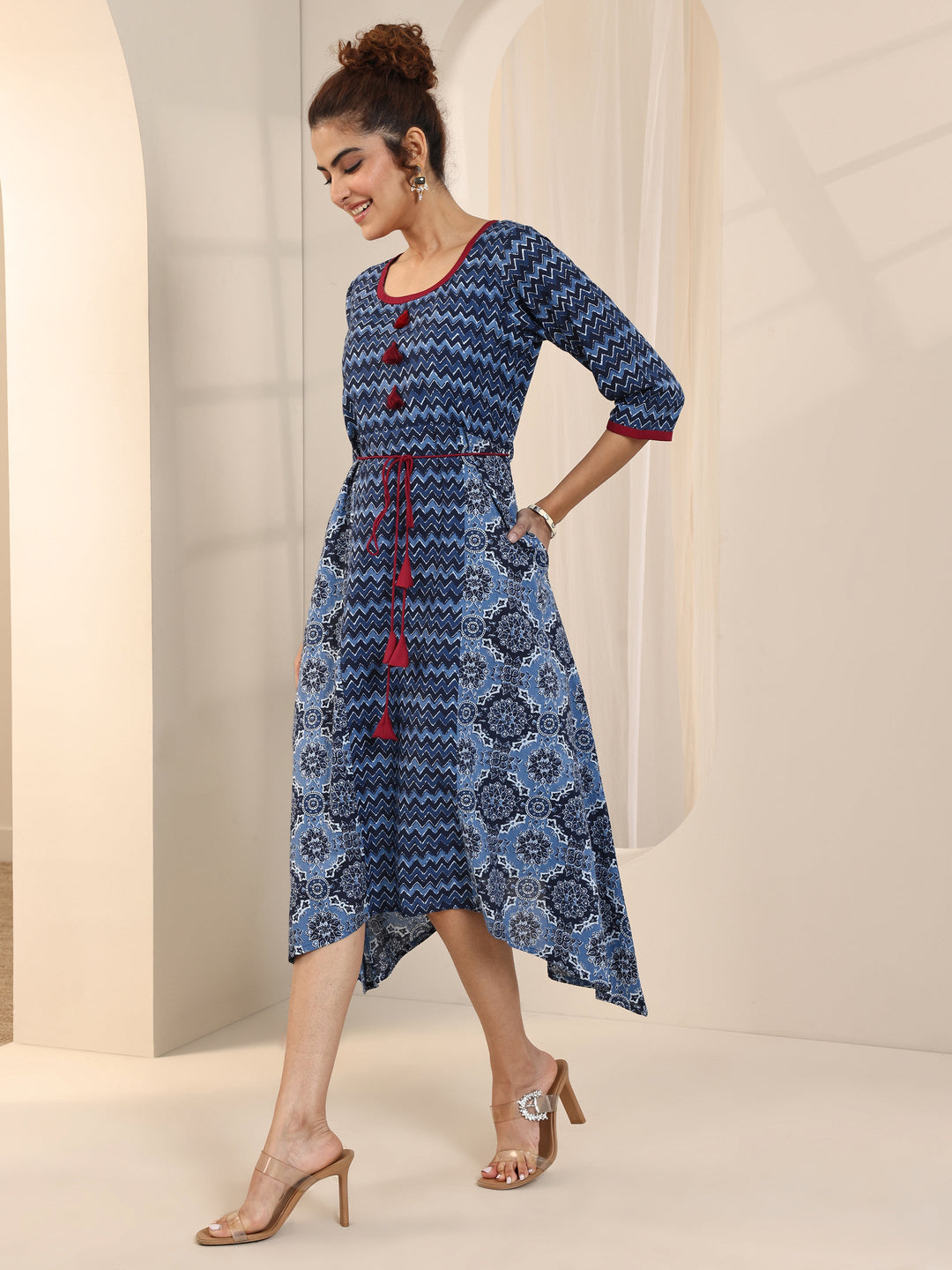 Blue Printed Cotton Fit and Flare One Piece Dress