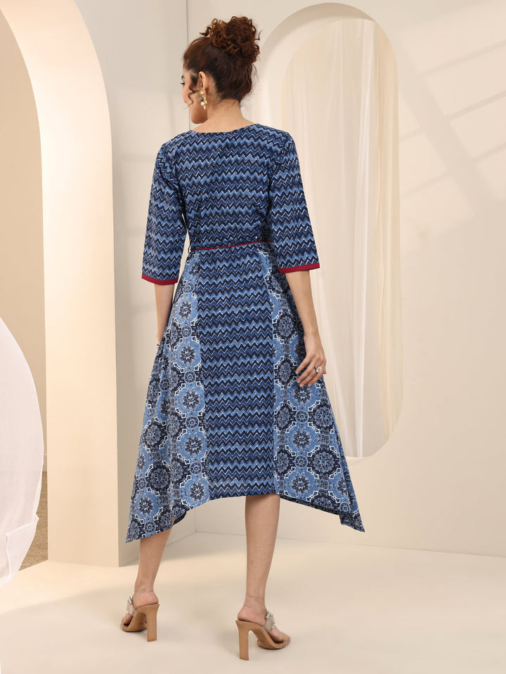 Blue Printed Cotton Fit and Flare One Piece Dress