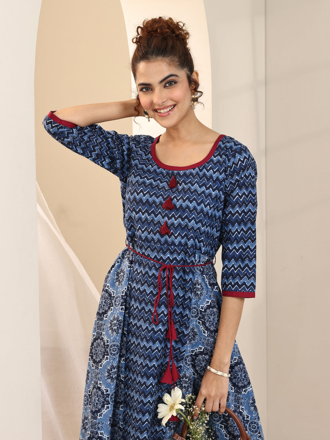 Blue Printed Cotton Fit and Flare One Piece Dress