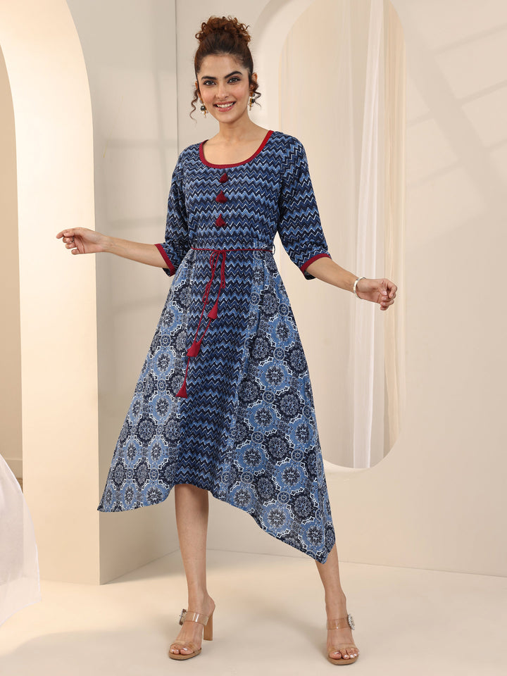 Blue Printed Cotton Fit and Flare One Piece Dress