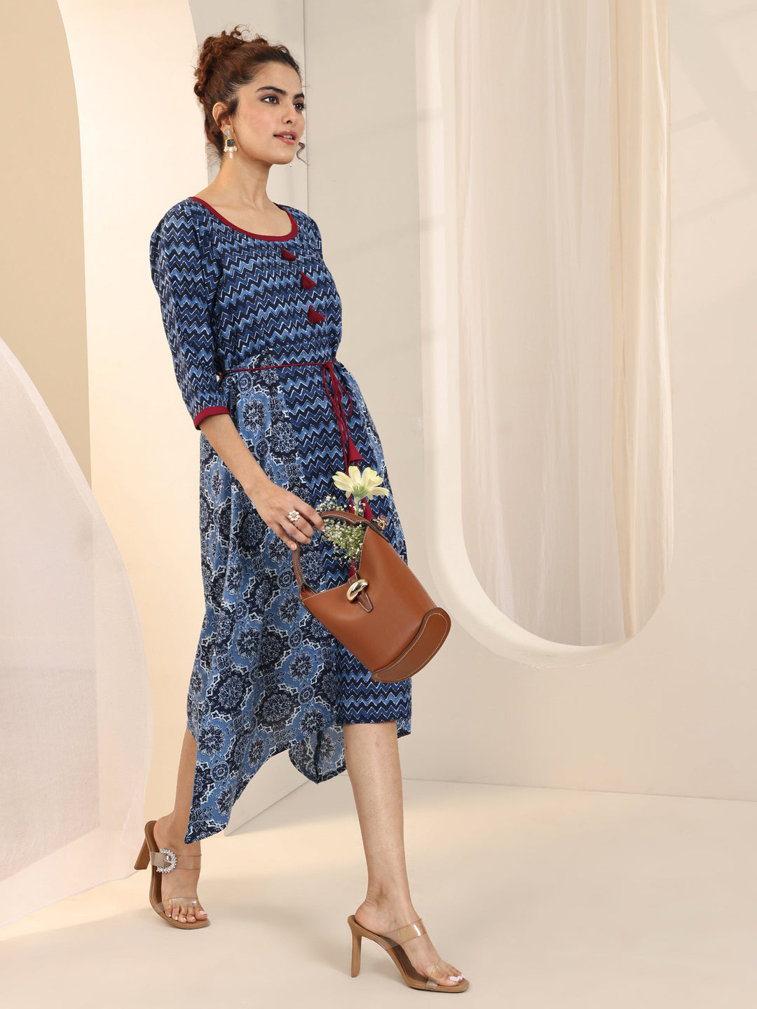 Blue Printed Cotton Fit and Flare One Piece Dress